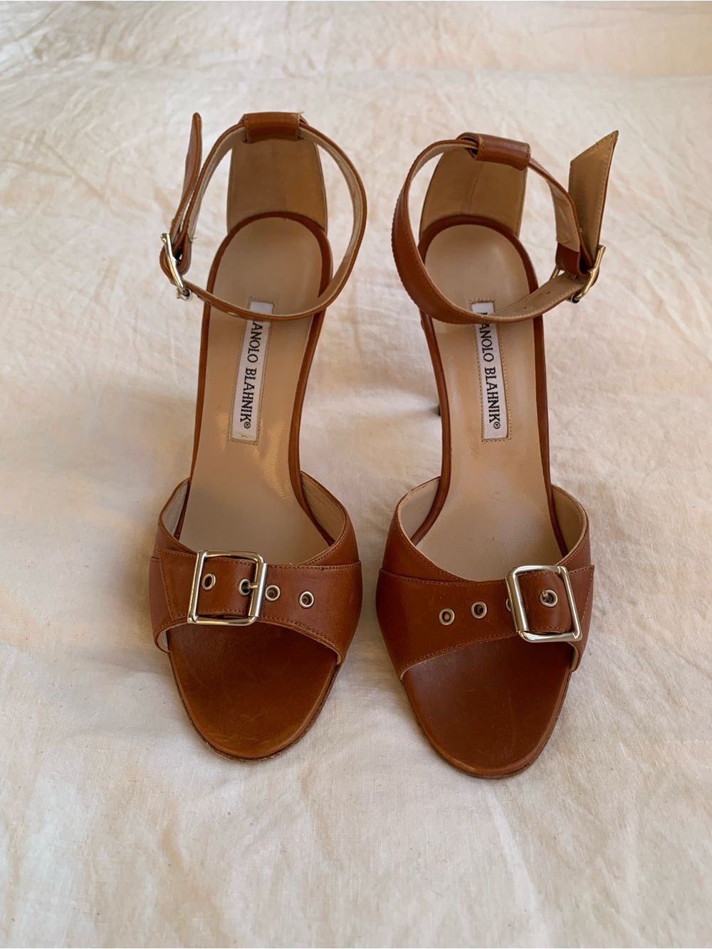 NWT Vintage Manolo Blahnik Leather Buckle Peep Toe Ankle Strap Heels Brown Tan - Picture 7 of 11